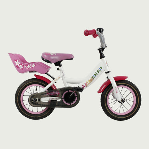 12.111 - BikeFlip, kleurrijke kinderfiets, 12 inch fiets, wit roze rood fiets, terugtraprem, met zijwieltjes, kinderen fiets