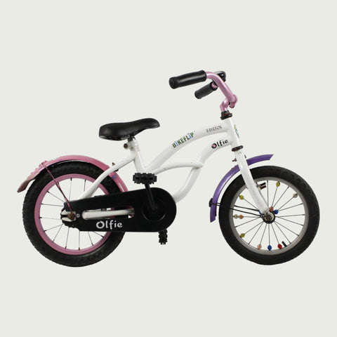 14.17 - BikeFlip, 14 inch kinderfiets, wit fiets, met spaakkralen, terugtraprem, geen versnellingen, kabelslot