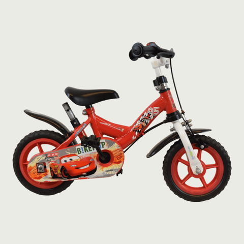 12.123 - BikeFlip, 12 inch kinderfiets, rode kinderfiets, geen versnellingen, Cars fiets, peuterfiets, terugtraprem, handrem