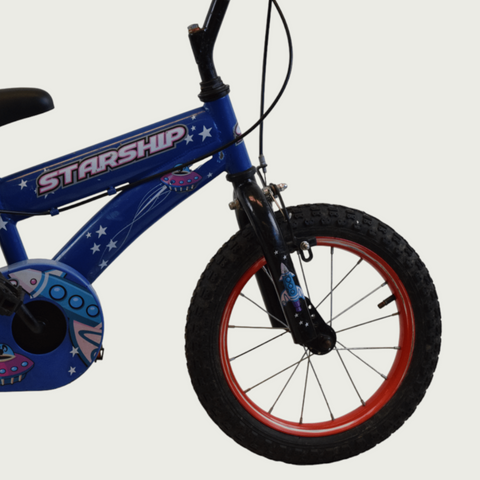 14.36 - BikeFlip, 14 inch fiets, blauwe kinderfiets, handremmen, geen versnellingen, kabelslot, fiets voor kinderen 95-105 cm