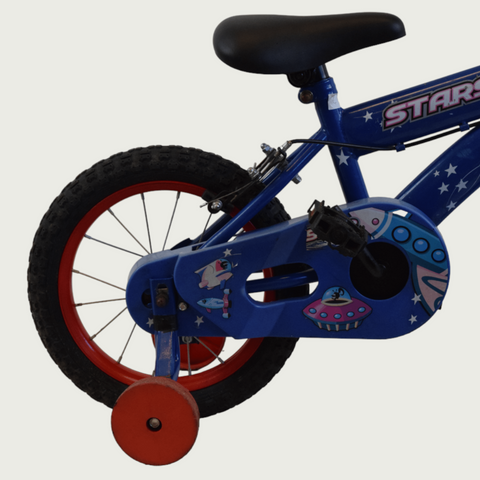 14.36 - BikeFlip, 14 inch fiets, blauwe kinderfiets, handremmen, geen versnellingen, kabelslot, fiets voor kinderen 95-105 cm