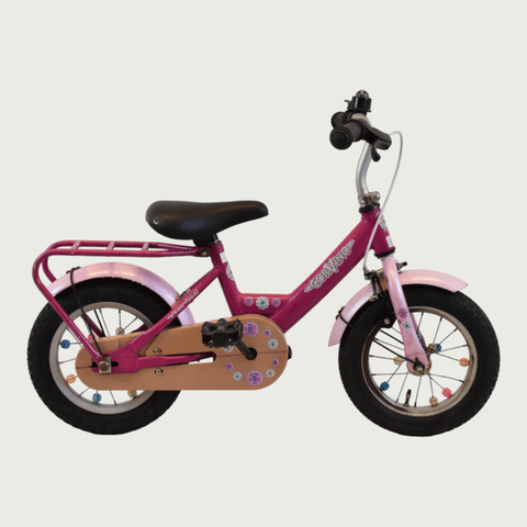 12.171 - BikeFlip, 12 inch roze fiets, kinderfiets, roze fiets, terugtraprem, geen versnellingen, kabelslot, bloemen thema