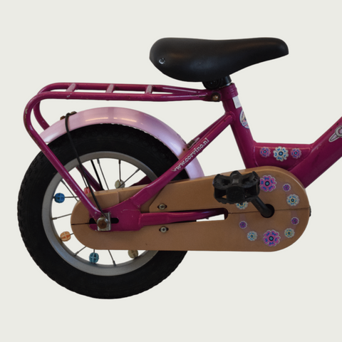 12.171 - BikeFlip, 12 inch roze fiets, kinderfiets, roze fiets, terugtraprem, geen versnellingen, kabelslot, bloemen thema