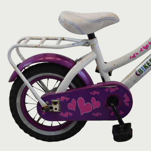 12.172 - BikeFlip, 12 inch, kinderfiets, witte fiets, terugtraprem, geen versnellingen, kabelslot, hart thema kinderfiets