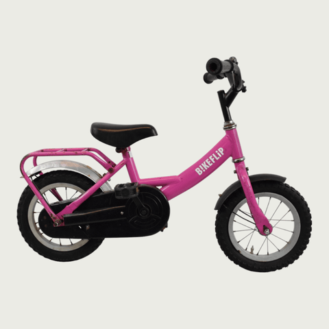 12.174 - BikeFlip, , kinderfiets, 12 inch fiets, roze fiets, terugtraprem, handrem, kabelslot, geen versnellingen
