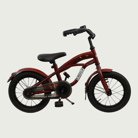14.3 - BikeFlip, 14 inch fiets, donkerrode cruiser, terugtraprem, geen versnellingen, kabelslot, kinderfiets. rood fiets