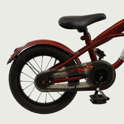 14.3 - BikeFlip, 14 inch fiets, donkerrode cruiser, terugtraprem, geen versnellingen, kabelslot, kinderfiets. rood fiets