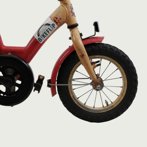 12.63 - BikeFlip, , kinderfiets, 12 inch, bruin, rood, Gazelle fiets, terugtraprem, kabelslot, geen versnellingen