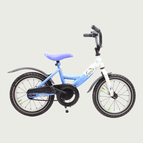 14.12 - BikeFlip, 14 inch kinderfiets, blauw wit fiets, terugtraprem, kabelslot, geen versnellingen, stoer, Popal merk
