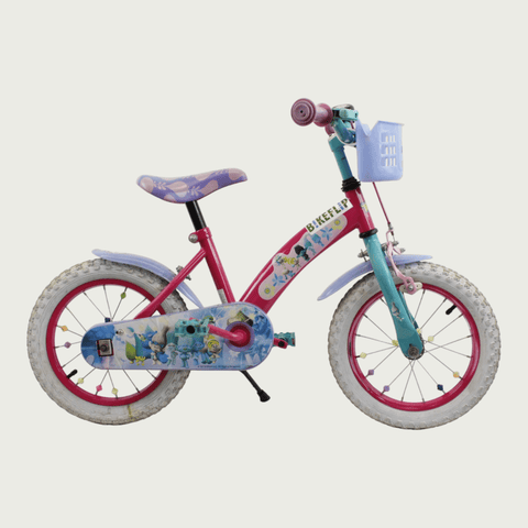 14.28 - BikeFlip, 14 inch fiets, kleurrijke fiets, mandje voorop, terugtraprem, handrem, geen versnellingen, kabelslot