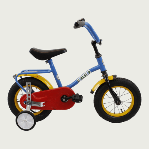 12.52 - BikeFlip, kinderfiets, 12 inch, blauw, rood, geel, hoog stuur, hoog zadel, terugtraprem, kabelslot, zijwieltjes