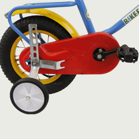 12.52 - BikeFlip, kinderfiets, 12 inch, blauw, rood, geel, hoog stuur, hoog zadel, terugtraprem, kabelslot, zijwieltjes