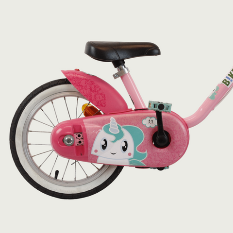 14.30 - BikeFlip, 14 inch fiets, unicorn design, handremmen, geen versnellingen, kabelslot, roze kinderfiets