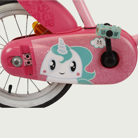 14.30 - BikeFlip, 14 inch fiets, unicorn design, handremmen, geen versnellingen, kabelslot, roze kinderfiets