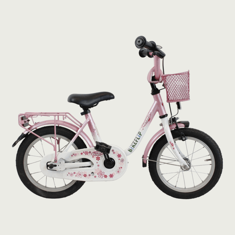 14.32 - BikeFlip , 14 inch fiets, mandje voorop, terugtraprem en handrem, geen versnellingen, kabelslot, roze kinderfiets