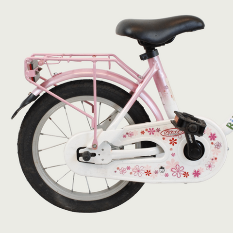 14.32 - BikeFlip , 14 inch fiets, mandje voorop, terugtraprem en handrem, geen versnellingen, kabelslot, roze kinderfiets