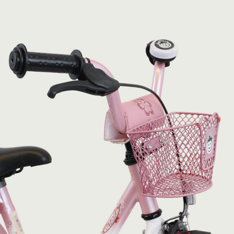 14.32 - BikeFlip , 14 inch fiets, mandje voorop, terugtraprem en handrem, geen versnellingen, kabelslot, roze kinderfiets