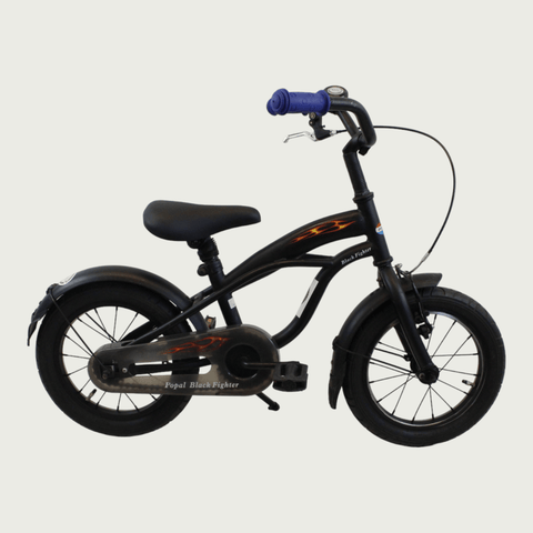 14.10 - BikeFlip, 14 inch kinderfiets, zwart, vlammen design, terugtraprem, handrem, kabelslot, stoer,  geen versnellingen