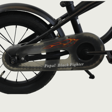 14.10 - BikeFlip, 14 inch kinderfiets, zwart, vlammen design, terugtraprem, handrem, kabelslot, stoer,  geen versnellingen