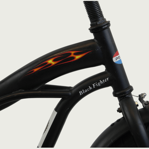 14.10 - BikeFlip, 14 inch kinderfiets, zwart, vlammen design, terugtraprem, handrem, kabelslot, stoer,  geen versnellingen