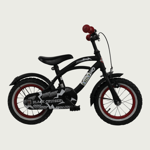 12.85 - BikeFlip, 12 inch kinderfiets, zwarte cruiser, lichtgevende rode velgen, terugtraprem, handrem, kabelslot, stoer