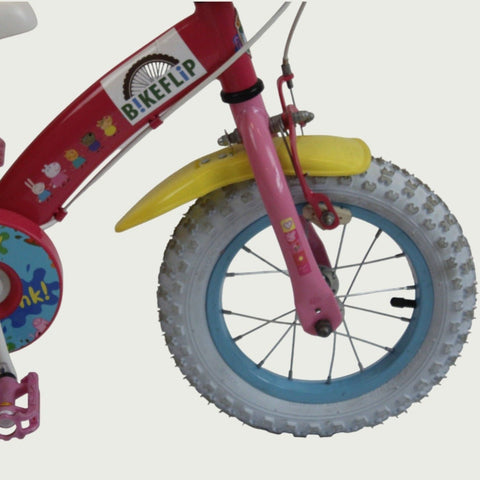 12.96 - BikeFlip, 12 inch kinderfiets, rood, Peppa Pig thema, poppenzitje, handremmen, geen versnellingen, kabelslot, vrolijk