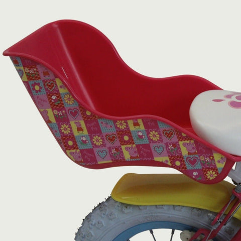 12.96 - BikeFlip, 12 inch kinderfiets, rood, Peppa Pig thema, poppenzitje, handremmen, geen versnellingen, kabelslot, vrolijk