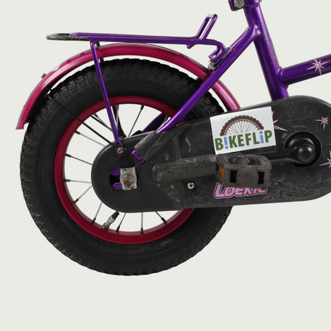 12.97 - BikeFlip, 12 inch kinderfiets, paars, terugtraprem, geen versnellingen, kabelslot, prinsessen thema, vrolijk