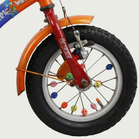 12.73 - BikeFlip, 12 inch kinderfiets, blauw en oranje fiets, veelkleurig, Loekie, spaakkralen, handrem, kabelslot,  balans
