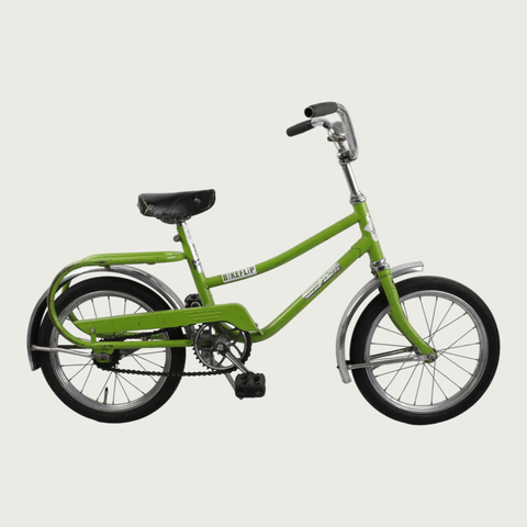 16.1 - BikeFlip, 16 inch kinderfiets, groene kinderfiets, terugtraprem, geen versnellingen, kabelslot, verlichting