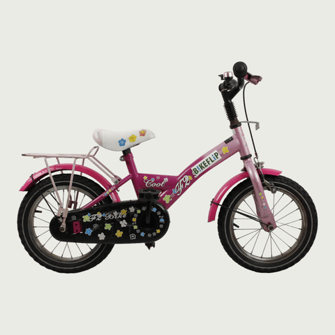 14.4 - BikeFlip, 14 inch fiets, roze fiets, terugtraprem en handrem, geen versnellingen, kabelslot, verlichting