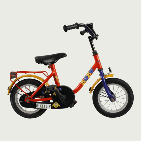 12.109. BikeFlip, 12 inch fiets voor kinderen, kleurrijke kinderfiets, oranje blauwe gele fiets, terugtraprem, 85-100 cm kind