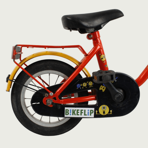 12.109. BikeFlip, 12 inch fiets voor kinderen, kleurrijke kinderfiets, oranje blauwe gele fiets, terugtraprem, 85-100 cm kind