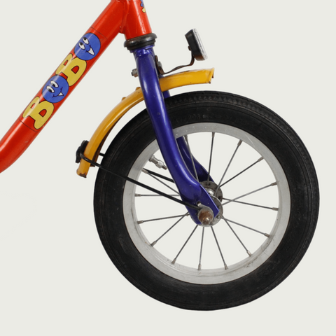 12.109. BikeFlip, 12 inch fiets voor kinderen, kleurrijke kinderfiets, oranje blauwe gele fiets, terugtraprem, 85-100 cm kind