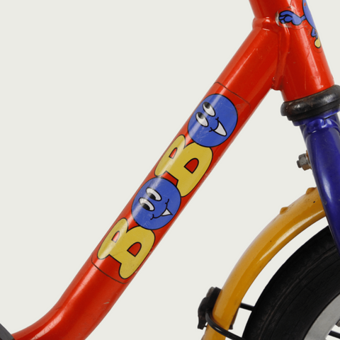12.109. BikeFlip, 12 inch fiets voor kinderen, kleurrijke kinderfiets, oranje blauwe gele fiets, terugtraprem, 85-100 cm kind