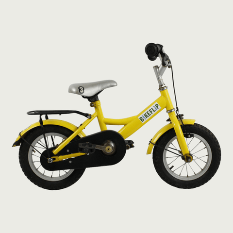 12.112, BikeFlipgele 12 inch fiets kinderen, handrem, terugtraprem, geen versnellingen, kabelslot, 85-100 cm