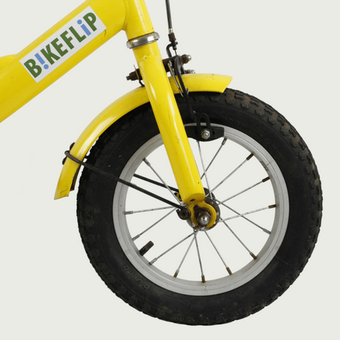 12.112, BikeFlipgele 12 inch fiets kinderen, handrem, terugtraprem, geen versnellingen, kabelslot, 85-100 cm
