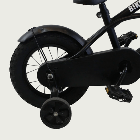 12.154 - BikeFlip, 12 inch kinderfiets, zwarte fiets, elegante fiets, terugtraprem, handrem, kabelslot, zijwieltjes