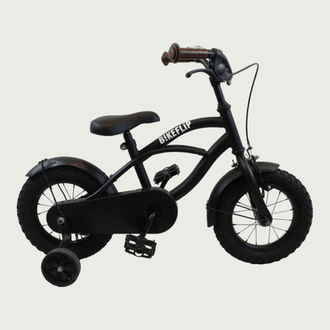 12.154 - BikeFlip, 12 inch kinderfiets, zwarte fiets, elegante fiets, terugtraprem, handrem, kabelslot, zijwieltjes