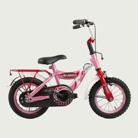 12.68 - BikeFlip, 12 inch kinderfiets, roze en rood, sterren design, achterrekje, terugtraprem, handrem, kabelslot, stoer