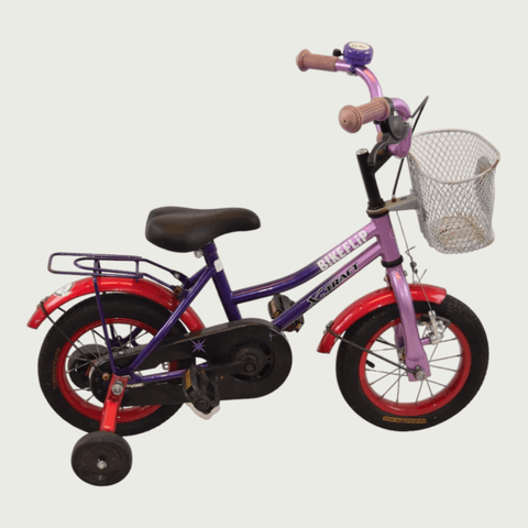 12.164 - BikeFlip, 12 inch kinderfiets, veelkleurig, paars, terugtraprem, handrem, kabelslot, zijwieltjes, mandje
