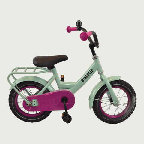 12.162 - BikeFlip, Poedercoat Premium, 12 inch fiets, kinderen 3-4 jaar, groene fiets, terugtraprem, kabelslot