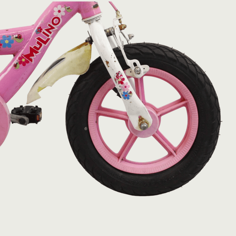 12.152 - BikeFlip, 12 inch kinderfiets, roze fiets, bloemenstickers, avontuurlijke fiets, terugtraprem, handrem, kabelslot