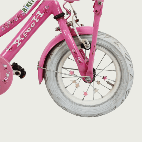 12.95 - BikeFlip, 12 inch kinderfiets, roze fiets, terugtraprem, handrem, geen versnellingen, kabelslot, stoer, avontuurlijk