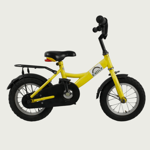 12.71 - BikeFlip, 12 inch kinderfiets, geel, terugtraprem, handrem, kabelslot, vrolijk, stoer