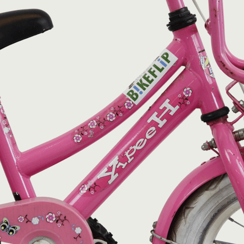 12.95 - BikeFlip, 12 inch kinderfiets, roze fiets, terugtraprem, handrem, geen versnellingen, kabelslot, stoer, avontuurlijk