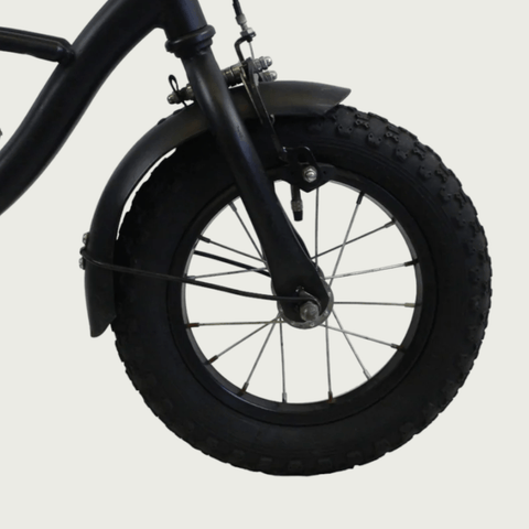 12.154 - BikeFlip, 12 inch kinderfiets, zwarte fiets, elegante fiets, terugtraprem, handrem, kabelslot, zijwieltjes