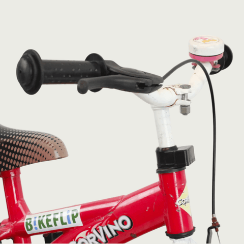 12.135 - BikeFlip, 12 inch kinderfiets, rode kinderfiets, racemonster fiets, vlammetjes fiets, zijwieltjes, terugtraprem