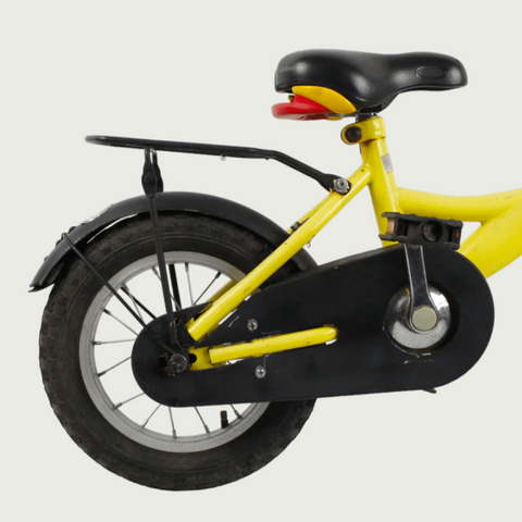 12.71 - BikeFlip, 12 inch kinderfiets, geel, terugtraprem, handrem, kabelslot, vrolijk, stoer