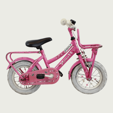 12.95 - BikeFlip, 12 inch kinderfiets, roze fiets, terugtraprem, handrem, geen versnellingen, kabelslot, stoer, avontuurlijk